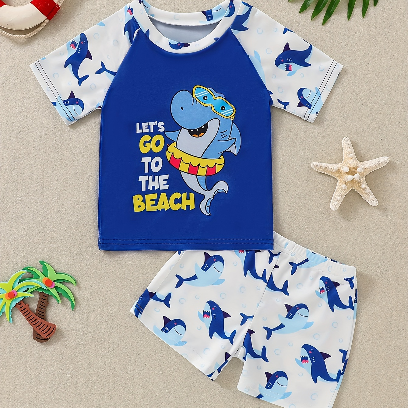 

Boys Cartoon Shark Swimming Short Sleeved And Shorts Swimsuit Set, High Stretchy Swimsuit, Summer Beach Vacation Casual Children's Clothing