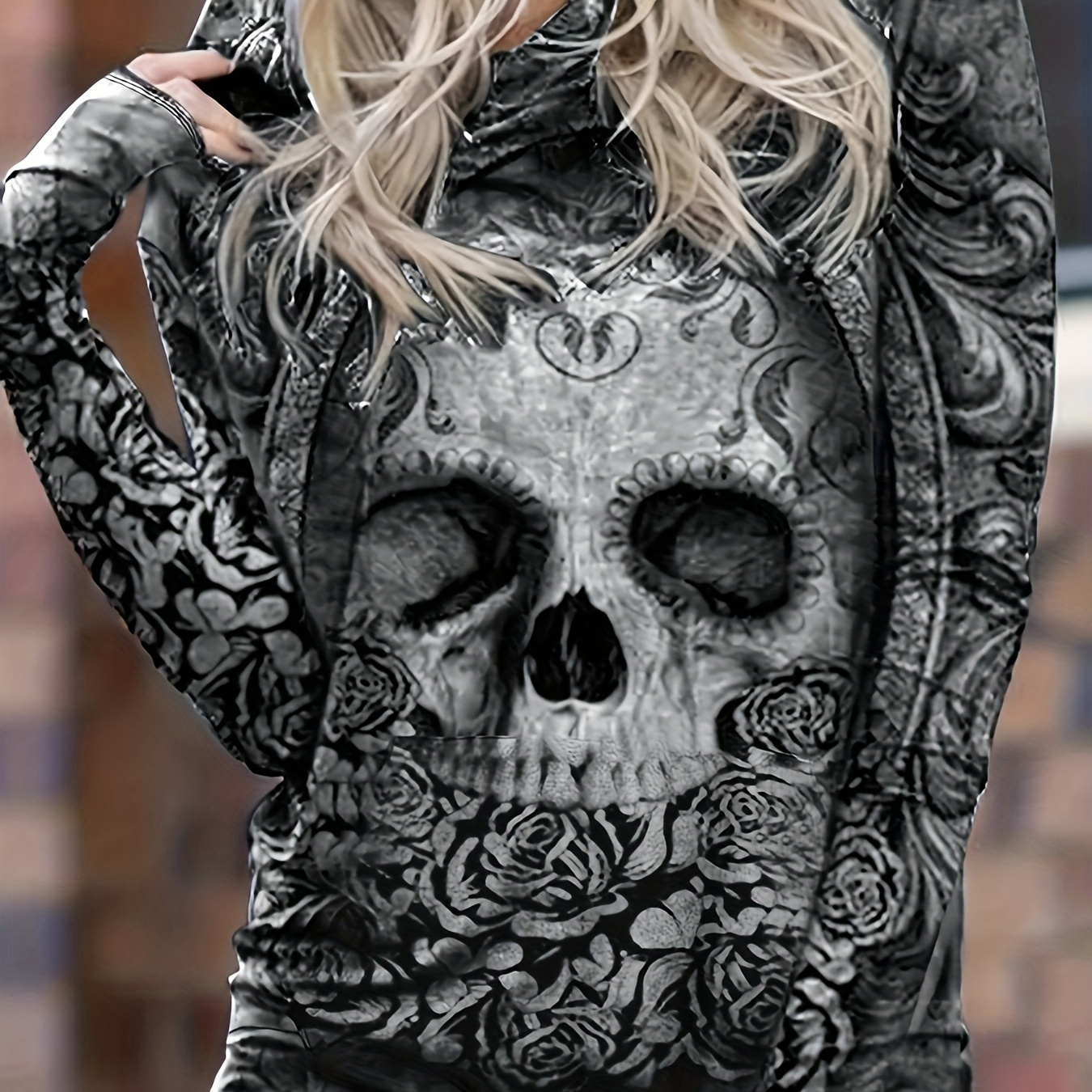 

Floral Skull Print Hoodie, Gothic Loose Kangaroo Pocket Hoodies Sweatshirt, Women's Clothing