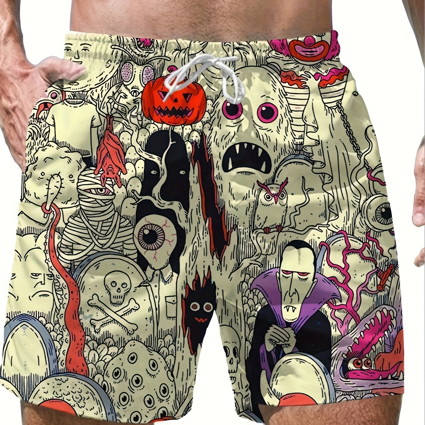 

Thrill Comic Style Monster Graphic Pattern Shorts With Drawstring And Pockets, Stylish And Trendy Shorts For Summer Leisurewear And Sports Wear