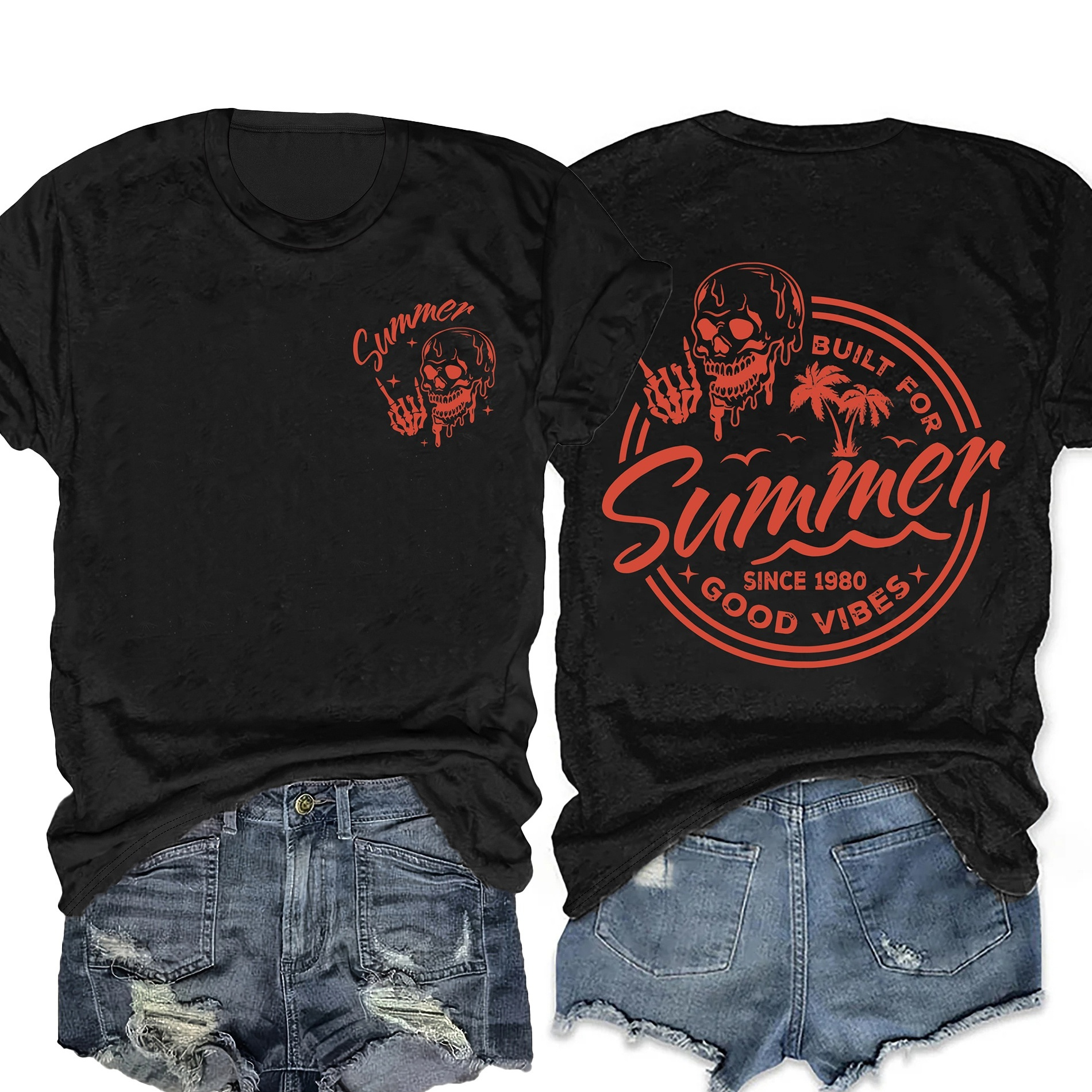 

Skull & Letter Print Crew Neck T-shirt, Casual Short Sleeve T-shirt For Spring & Summer, Women's Clothing