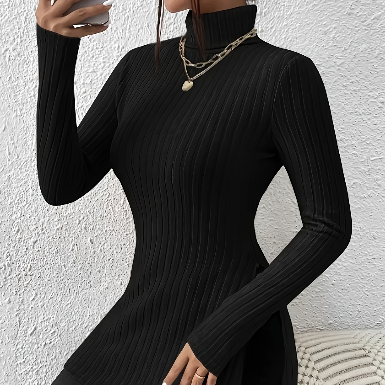 

Solid Color Turtle Neck T-shirt, Casual Long Sleeve T-shirt For Spring & Fall, Women's Clothing