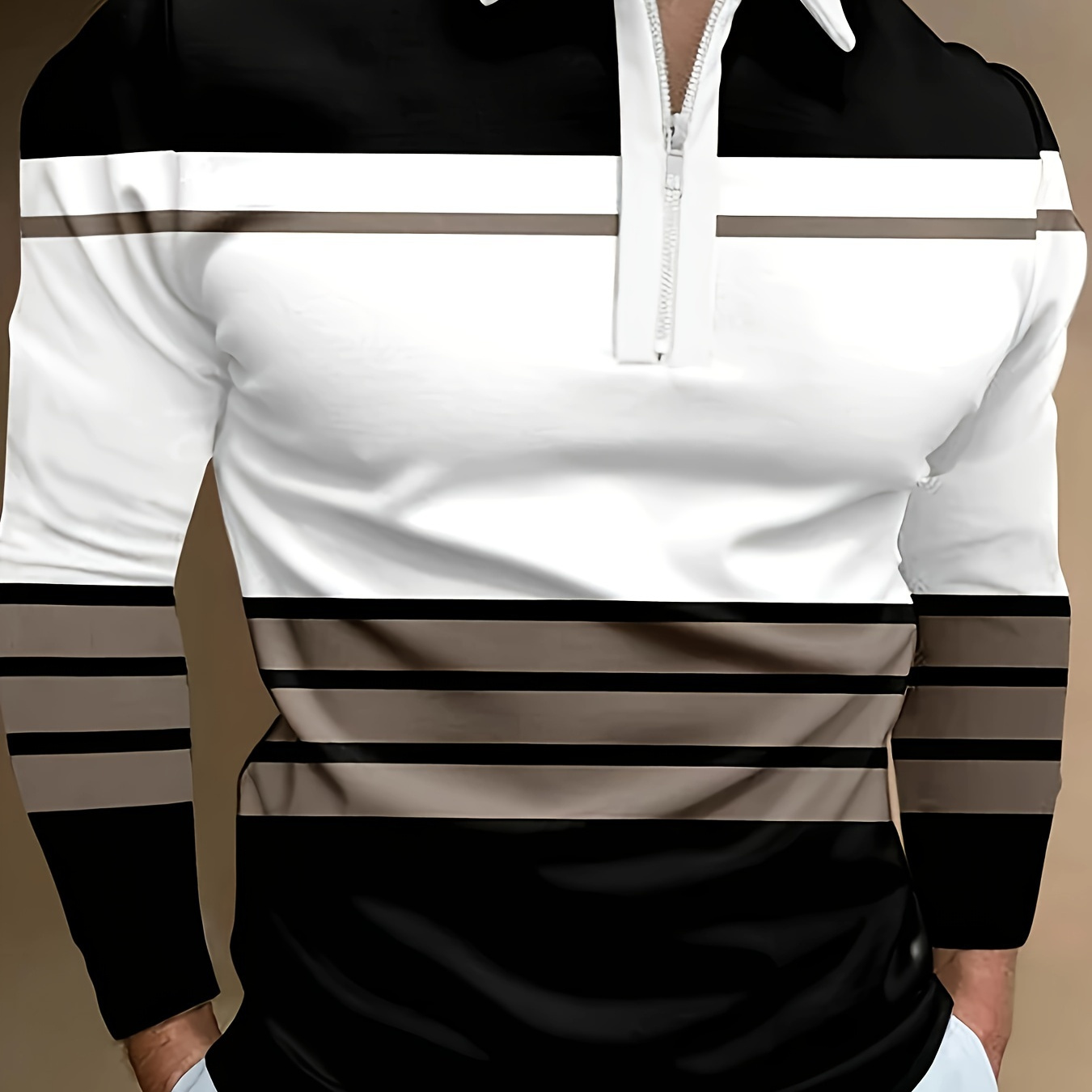 

Men's Long Sleeved Zipper Collar Shirt Striped Fashion Spring And Autumn Polo Shirt Collar