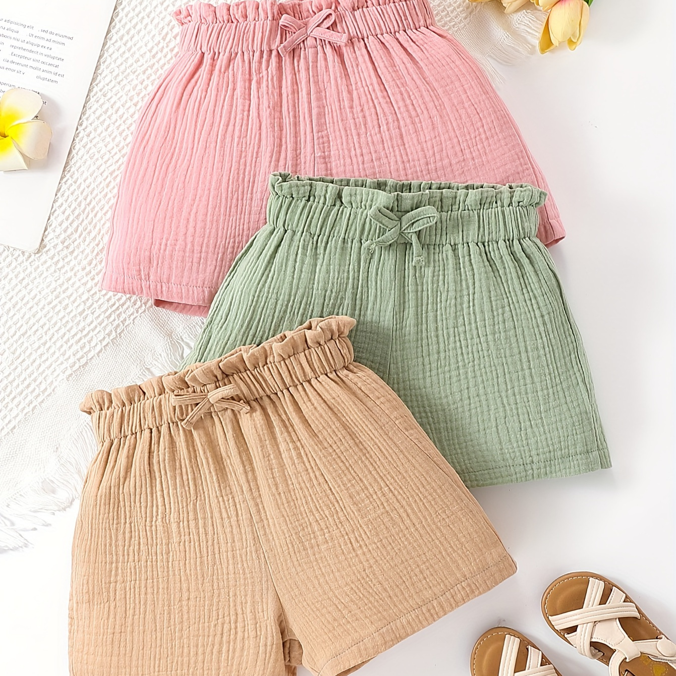 

3pcs, 100% Cotton Muslin Solid Color Textured Bow Decor Shorts For Girls, Cool And Comfy Breathable Versatile Outfit Summer Gift