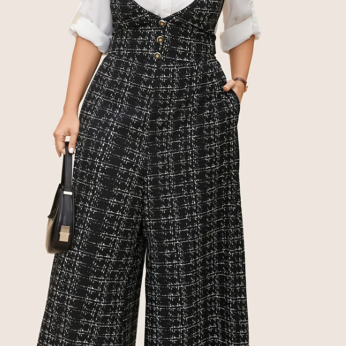 

-size Women's Tweed Sleeveless Jumpsuit With -back Buttons And Prints.