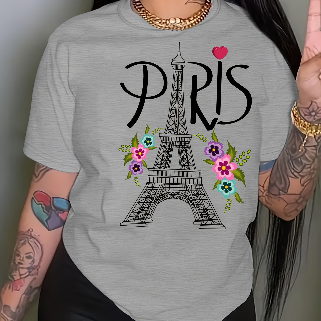 

Paris Eiffel Tower Print T-shirt, Short Sleeve Crew Neck Casual Top For Summer & Spring, Women's Clothing
