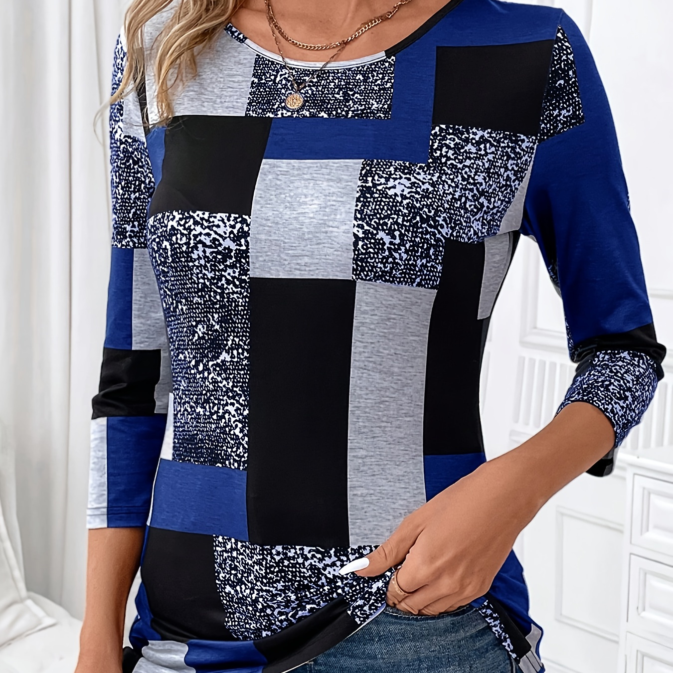 

1pc Women's Casual Crew Neck T-shirt, Print, Polyester Knit Fabric With Stretch, Regular Fit, Quarter Length Sleeve, Pullover Style For Spring/summer/fall