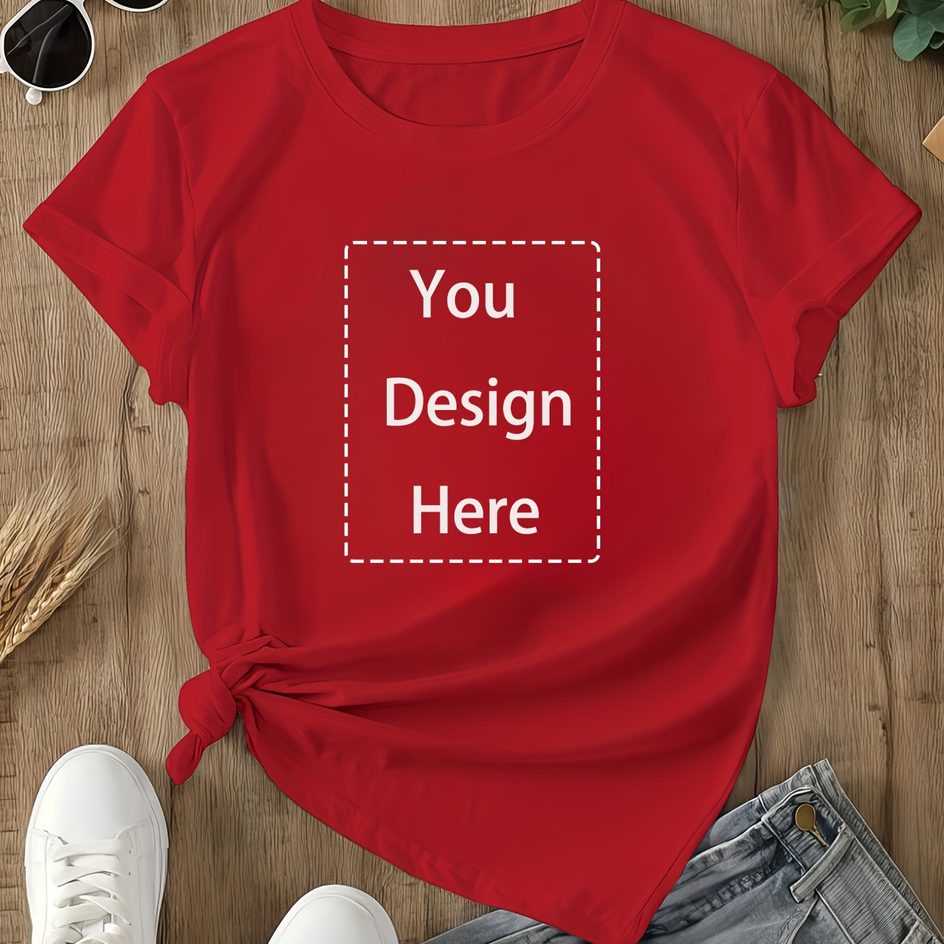 

Customizable Women's Casual T-shirt With " Here" Print - Soft Polyester Blend, Round Neck, Short Sleeves, Regular Fit For Spring, Summer & Fall, Custom T Shirt