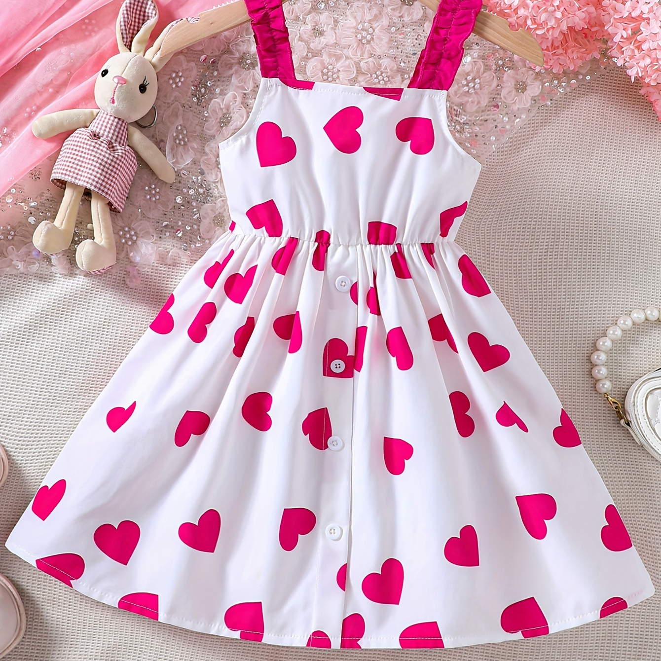 

Sweet Girls Splicing Frill Trim Heart Graphic Sleeveless Dress For Summer Valentine's Day Gift