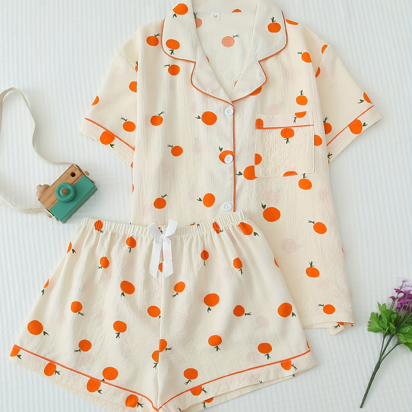 

Orange Print Textured Pajama Set, Cozy Short Sleeve Button Up Lapel Collar Top & Elastic Shorts, Women's Sleepwear & Loungewear