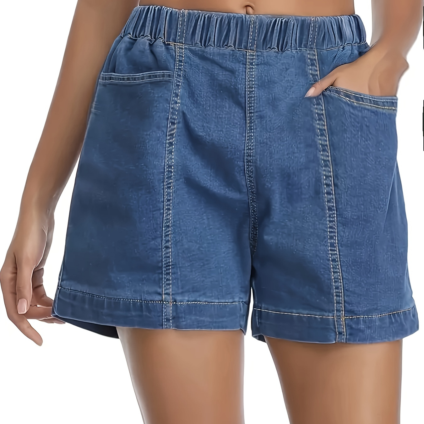 

Women's Stylish Denim Shorts, Casual Sporty Style, Elastic Waist, Comfort Fit, With Pockets, Versatile Summer Wear