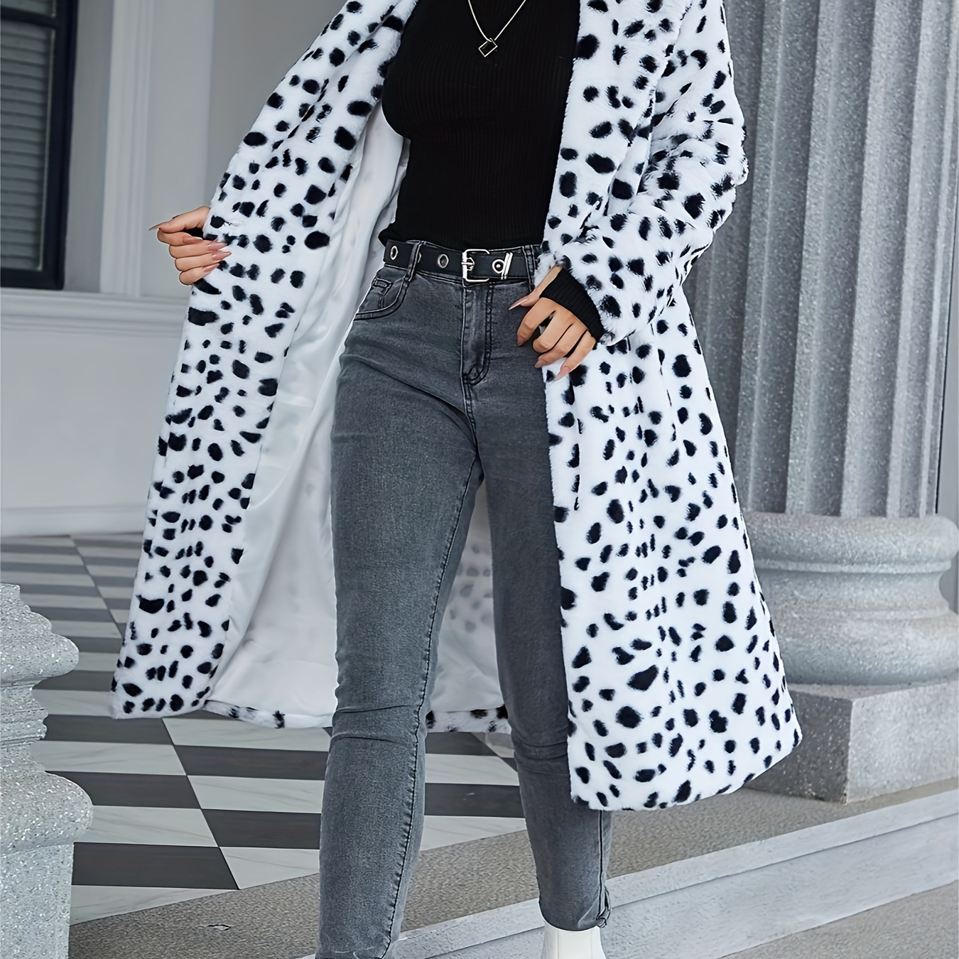 

Dalmatian Print Double-breasted Fuzzy Coat, Elegant Thermal Long Sleeve Lapel Midi Length Coat For Fall & Winter, Women's Clothing