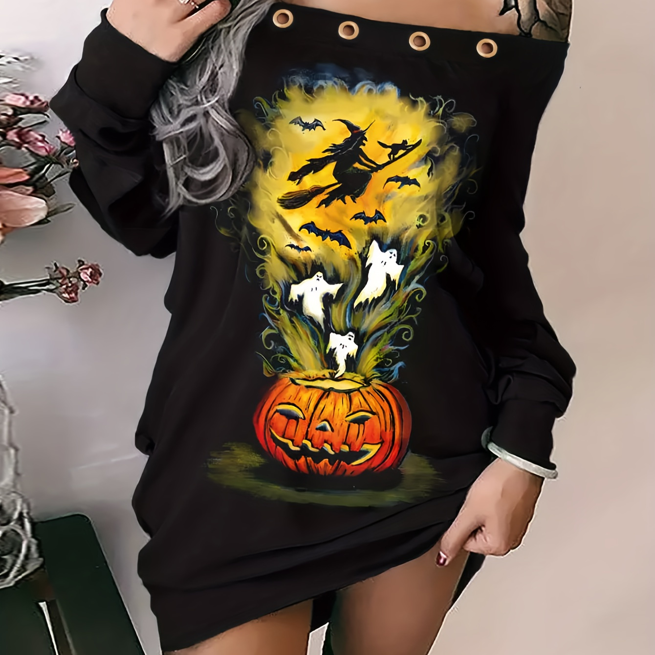 

Halloween Graphic Pattern Off-shoulder Dress, Grommet Long Sleeve Dress, Women's Clothing