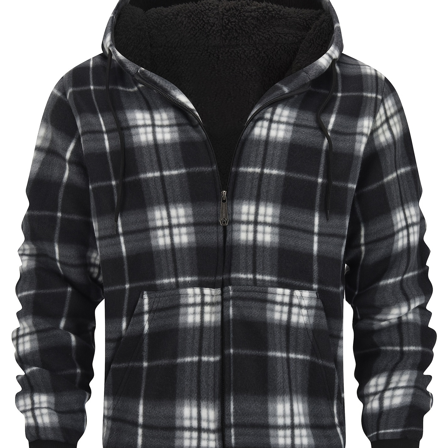 Retro Plaid Sherpa Lined Men's Warm Thick Hooded Jacket Casual Long Sleeve Hoodies With Zipper Gym Sports Hooded Coat For Spring Fall