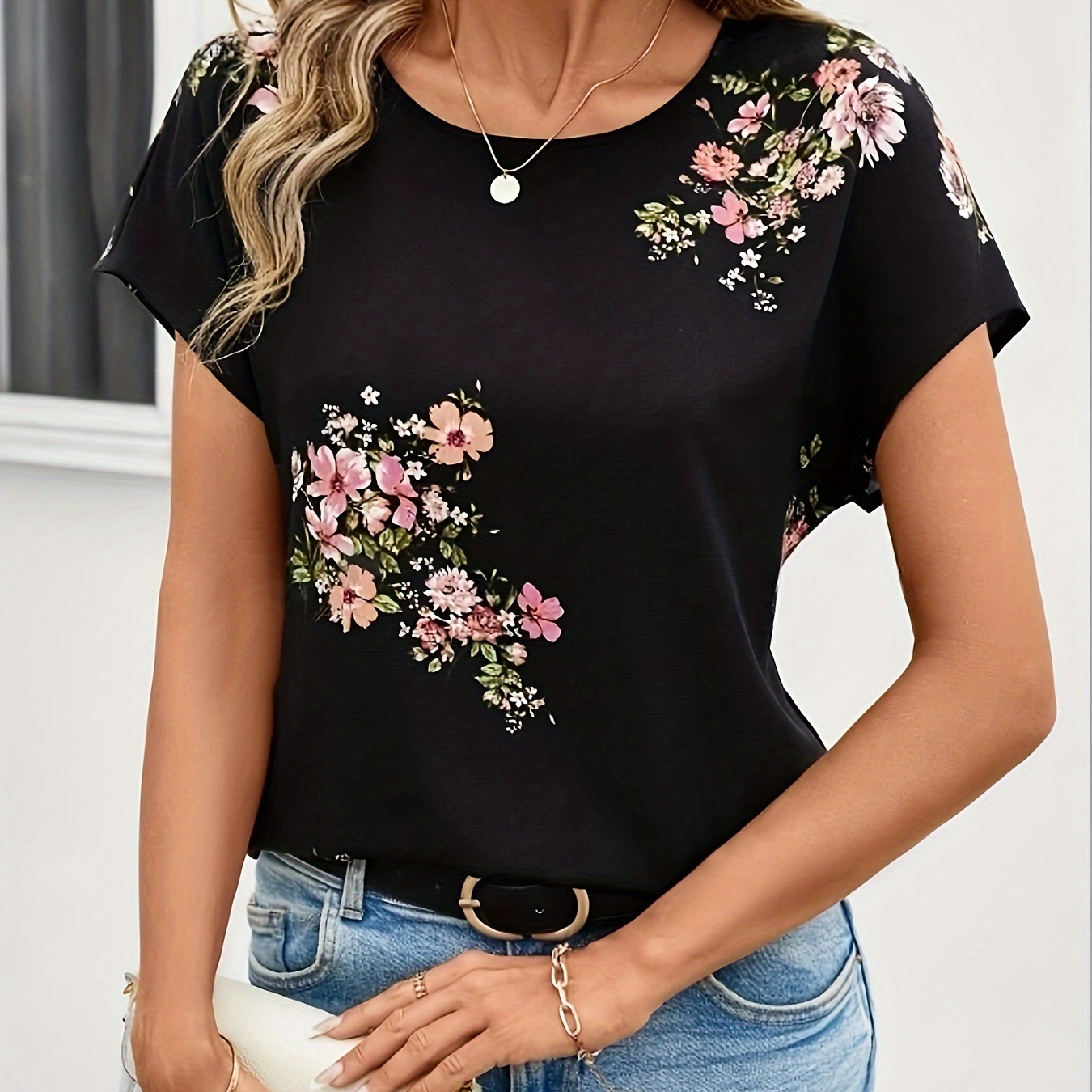

Floral Print Crew Neck Blouse, Elegant Batwing Sleeve Blouse For Spring & Summer, Women's Clothing