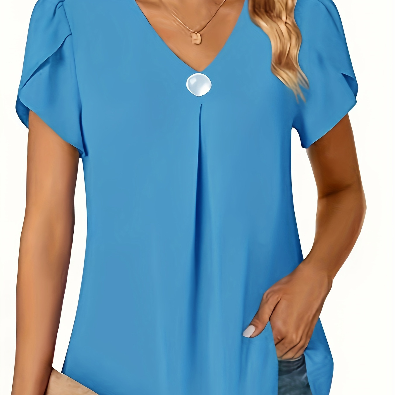 

Solid Color V Neck Blouse, Elegant Petal Sleeve Blouse For Spring & Summer, Women's Clothing