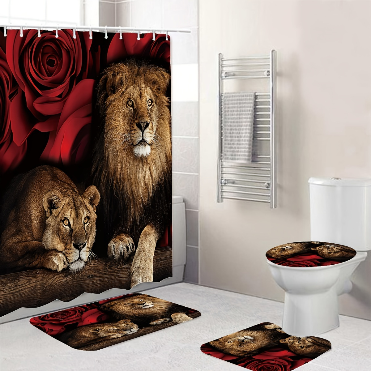 

1pc Waterproof Lion & Rose Flower Shower Curtain With Bath Rug, Toilet Lid Shower Mat, And 12 Hooks - Elegant Bathroom Decor, Valentine's Day Decor