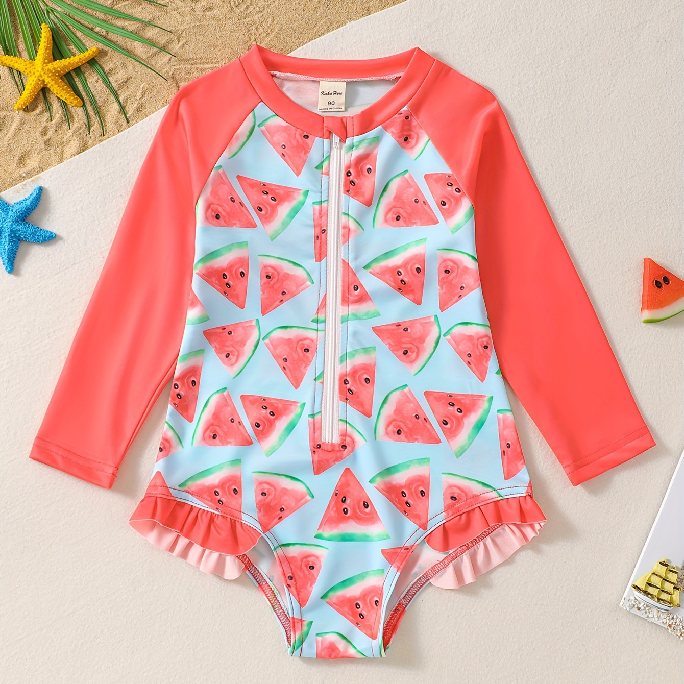 

Girls Sweet 1 Piece Zipper Swimsuit Allover Watermelon Print Long Sleeve Crew Neck Ruffle Hem Cute Fashion Swimwear