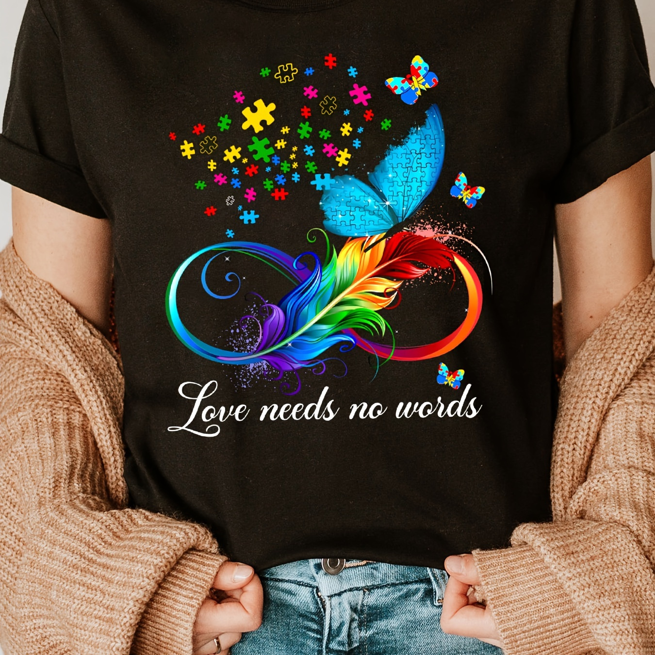 

Autism Awareness Print Crew Neck T-shirt, Short Sleeve Casual Top For Summer & Spring, Women's Clothing