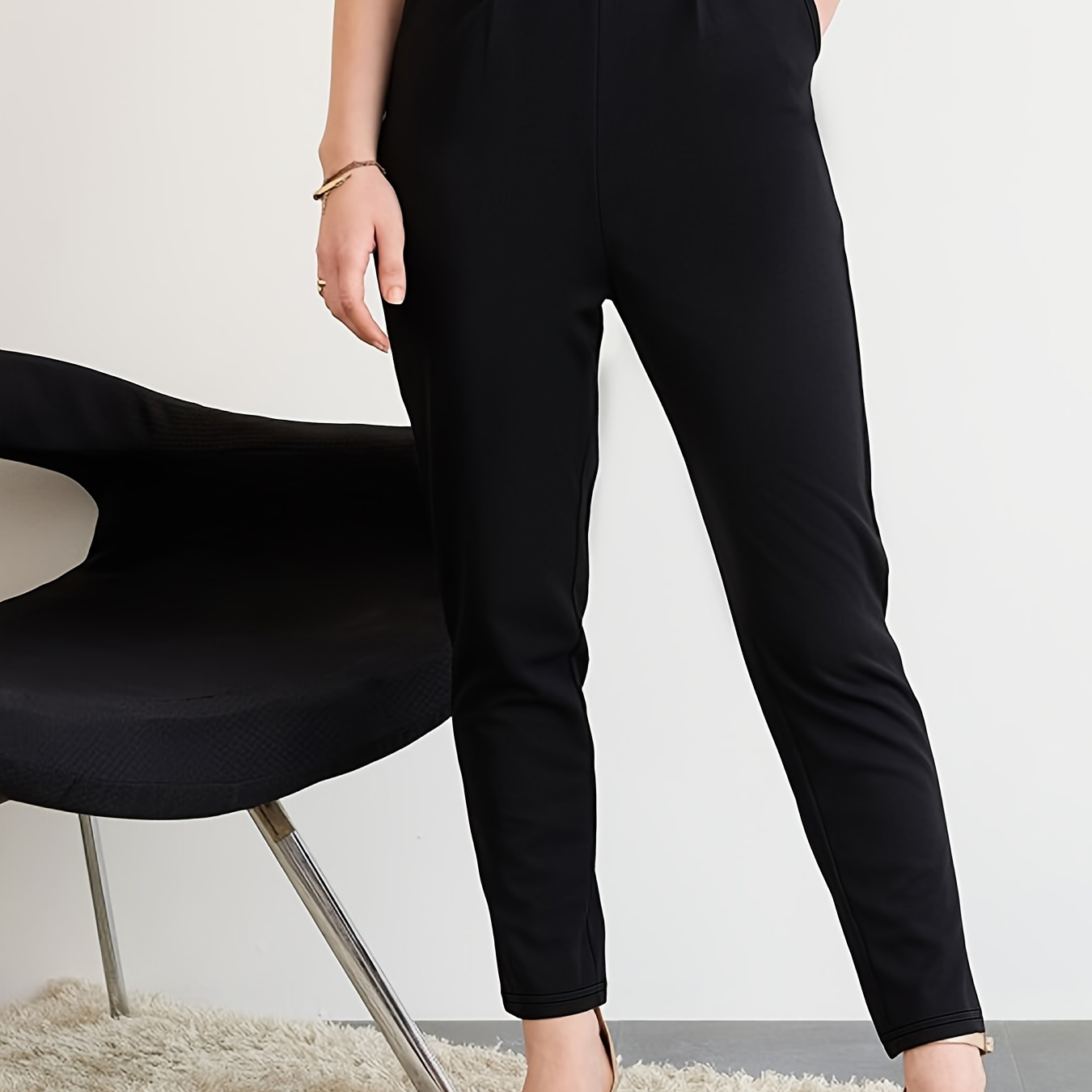 

Solid Color Skinny Pocket Pants, Casual High Waist Pants For Spring & Fall, Women's Clothing