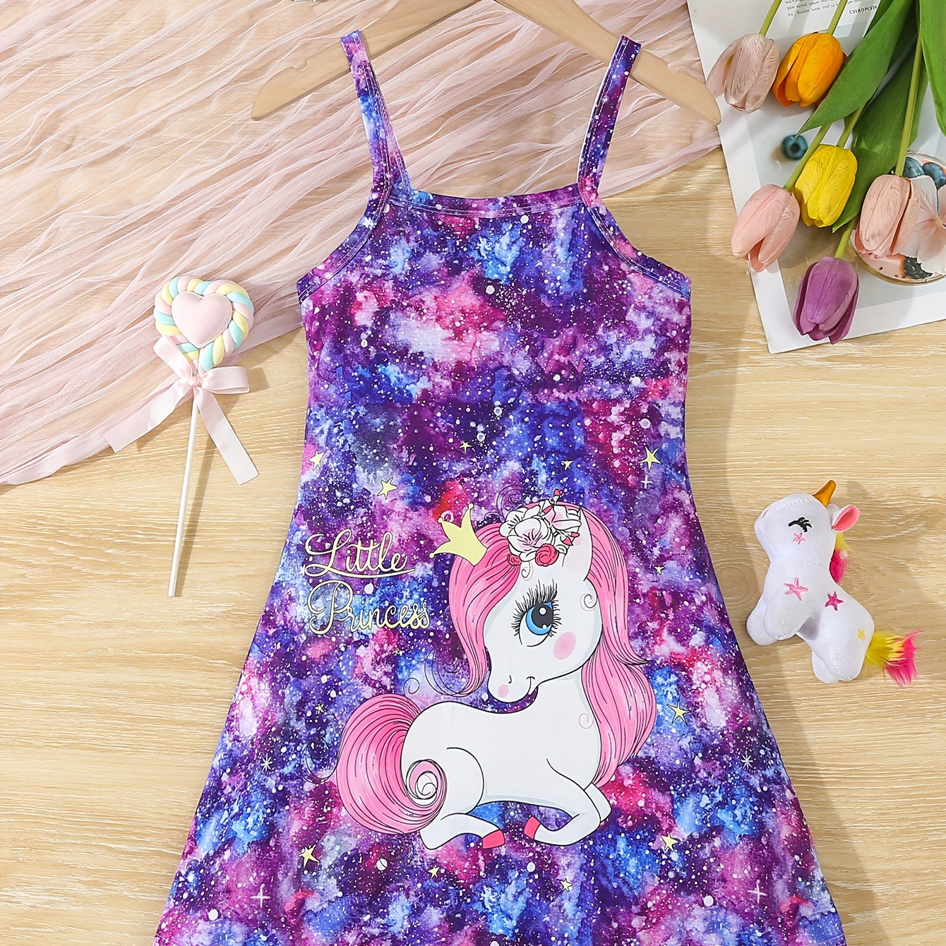 

Girls Unicorn Spaghetti Strap Dress, Casual Style, Galaxy Print, Twirl Sundress For Kids, Colorful Summer Outfit