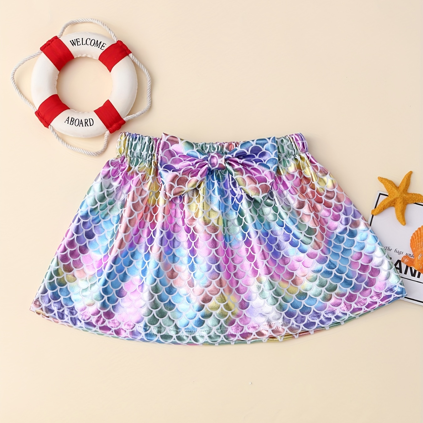 

Girls Colorful Mermaid Print Slightly Stretch Bow Decor Skirt For Birthday Party Performance