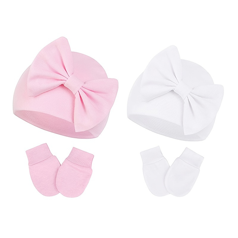 

2pcs/set Newborn Infant Hospital Hat Mittens Set, Big Bow Decor Beanie Cap And Gloves For Baby Girls