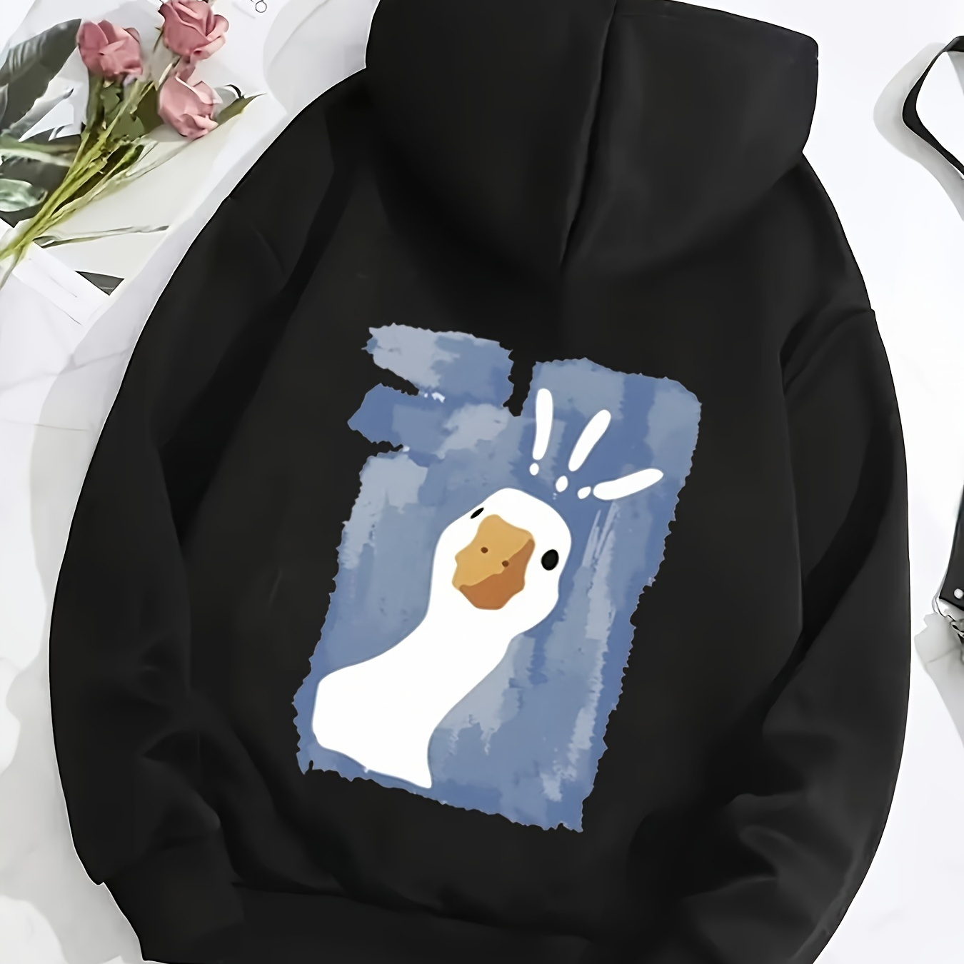 

Casual Polyester Hoodie With Goose Applique, 100% Polyester Knit Fabric, Animal Pattern, Hooded Pullover For Fall/winter - Casual Style Hooded Sweatshirt With Applique Details