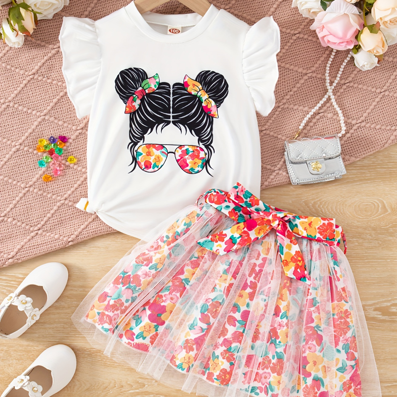 

Toddler Girls 2pcs, Sweet Cartoon Girl Print T-shirt + Flora Print Tutu Skirt Set Summer Party Gift