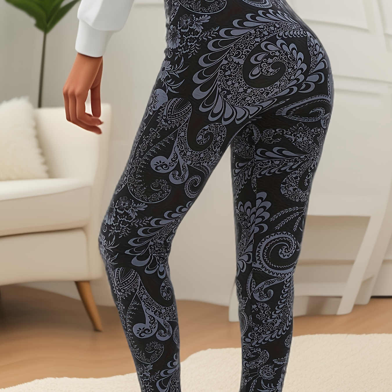 

Plus Size Floral Print Skinny Leggings, Casual Every Day Stretchy Leggings, Women's Plus Size Clothing