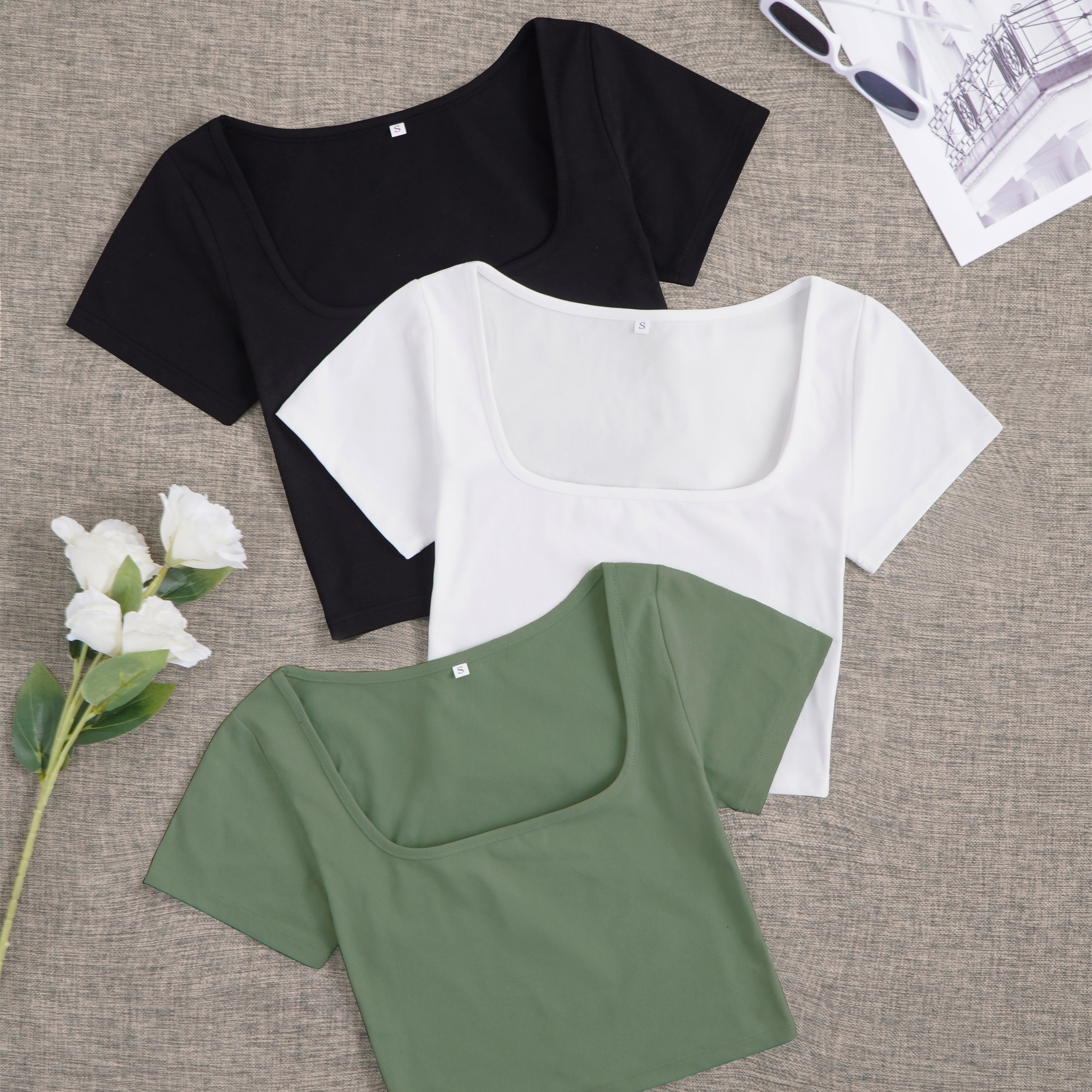 

3 Pack Basic Slim Cropped Top, Short Sleeve Square Neck Solid T-shirts, Casual Every Day Tops, Women's Clothing