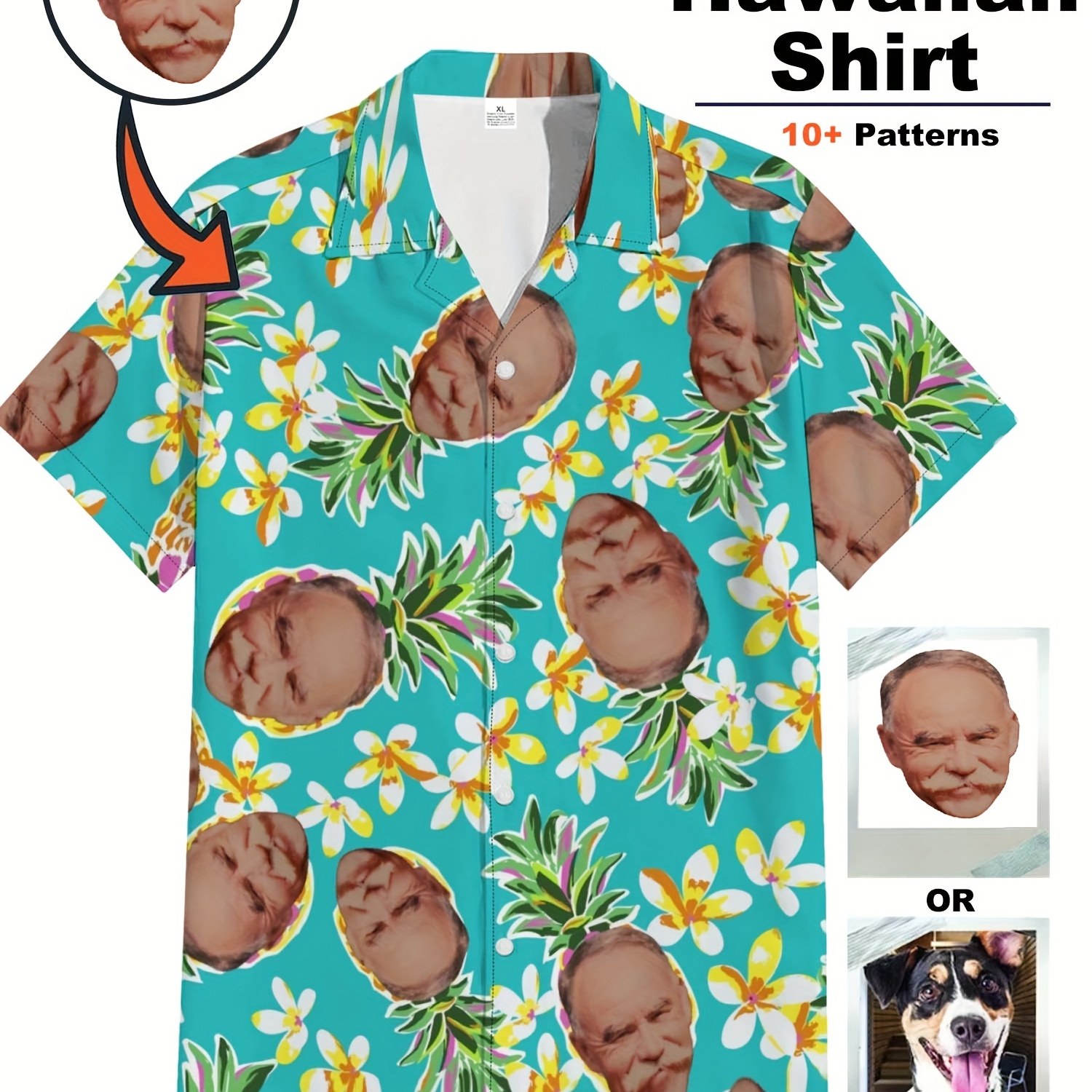 

Chemise boutonnée personnalisée pour homme avec col à revers et imprimé floral élégant, haut d'été à manches courtes avec motif graphique, imprimez votre portrait personnalisé