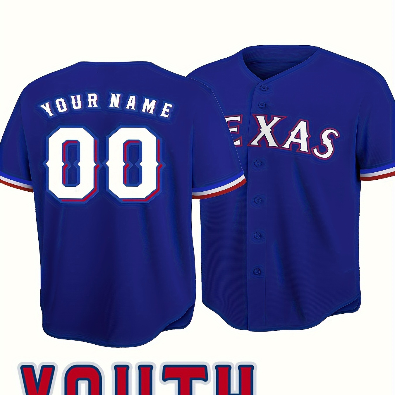 

Custom Name And Number Youth Baseball Jersey, V-neck Texas Letter Embroidered Outdoor Leisure Sports Customization Top