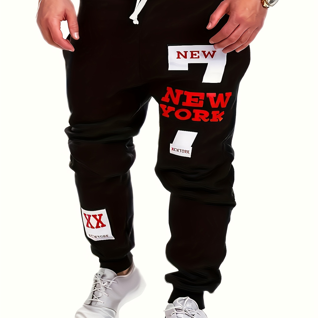 

new York" & Number 7 Print Joggers, Men's Casual Stretch Waist Drawstring Sweatpants For All Seasons