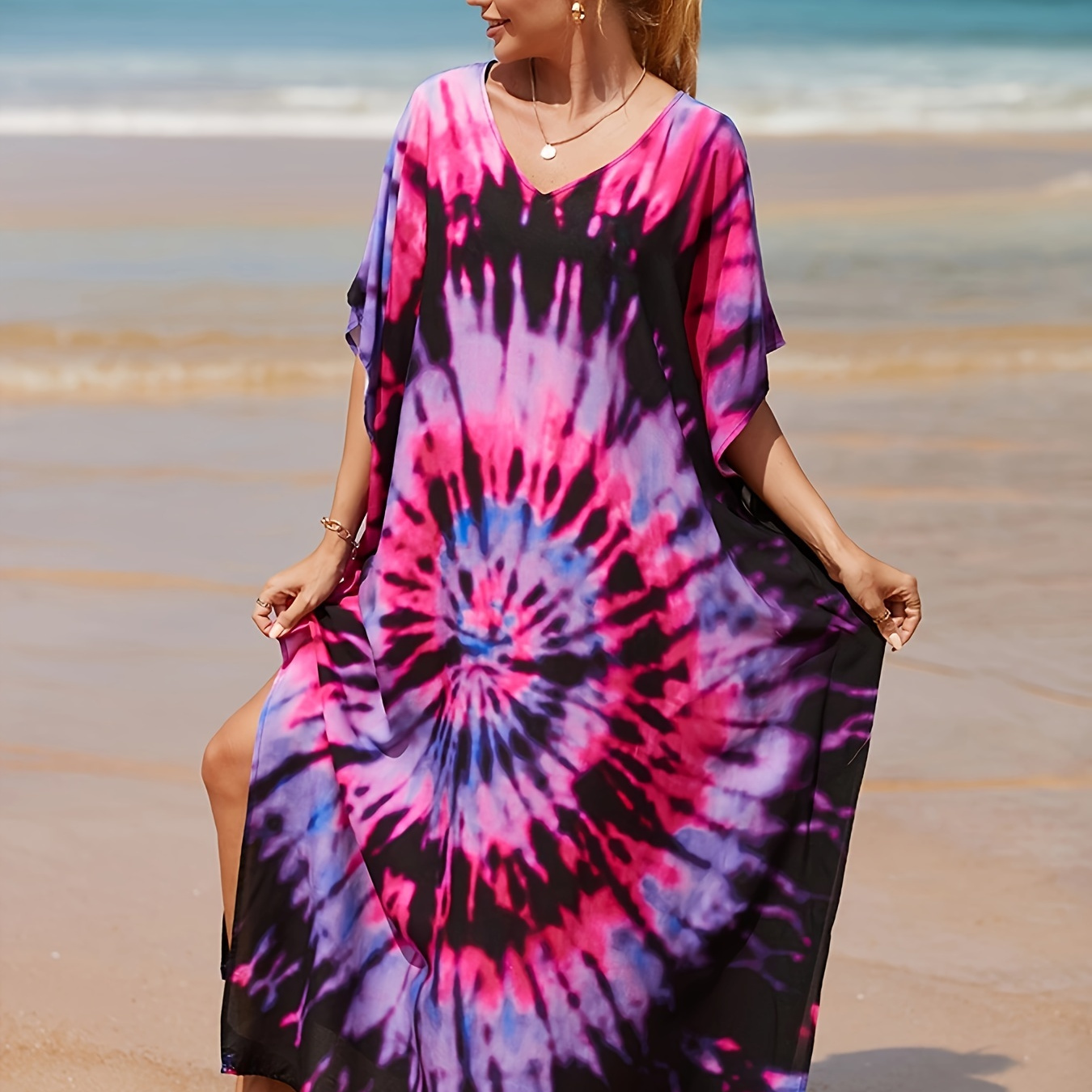 

Women's Boho Style Cover Up, Plus Size Tie Dye V Neck Loose Fit Vacay Beach Kaftan Dress