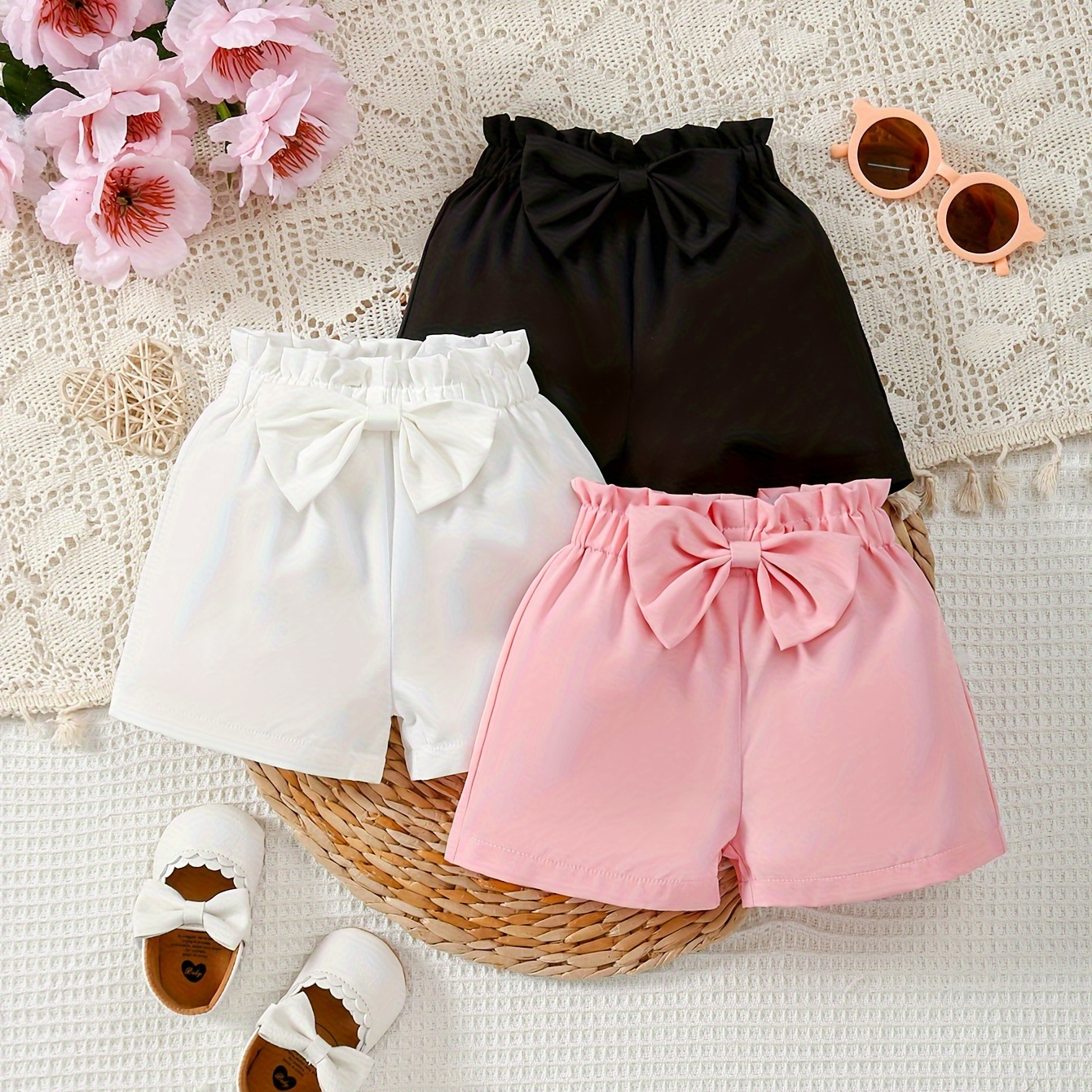 

3pcs Baby's Lovely Bowknot Decor Shorts, Casual Solid Color Elastic Waist Bottoms, Infant & Toddler Girl's Clothing For Summer