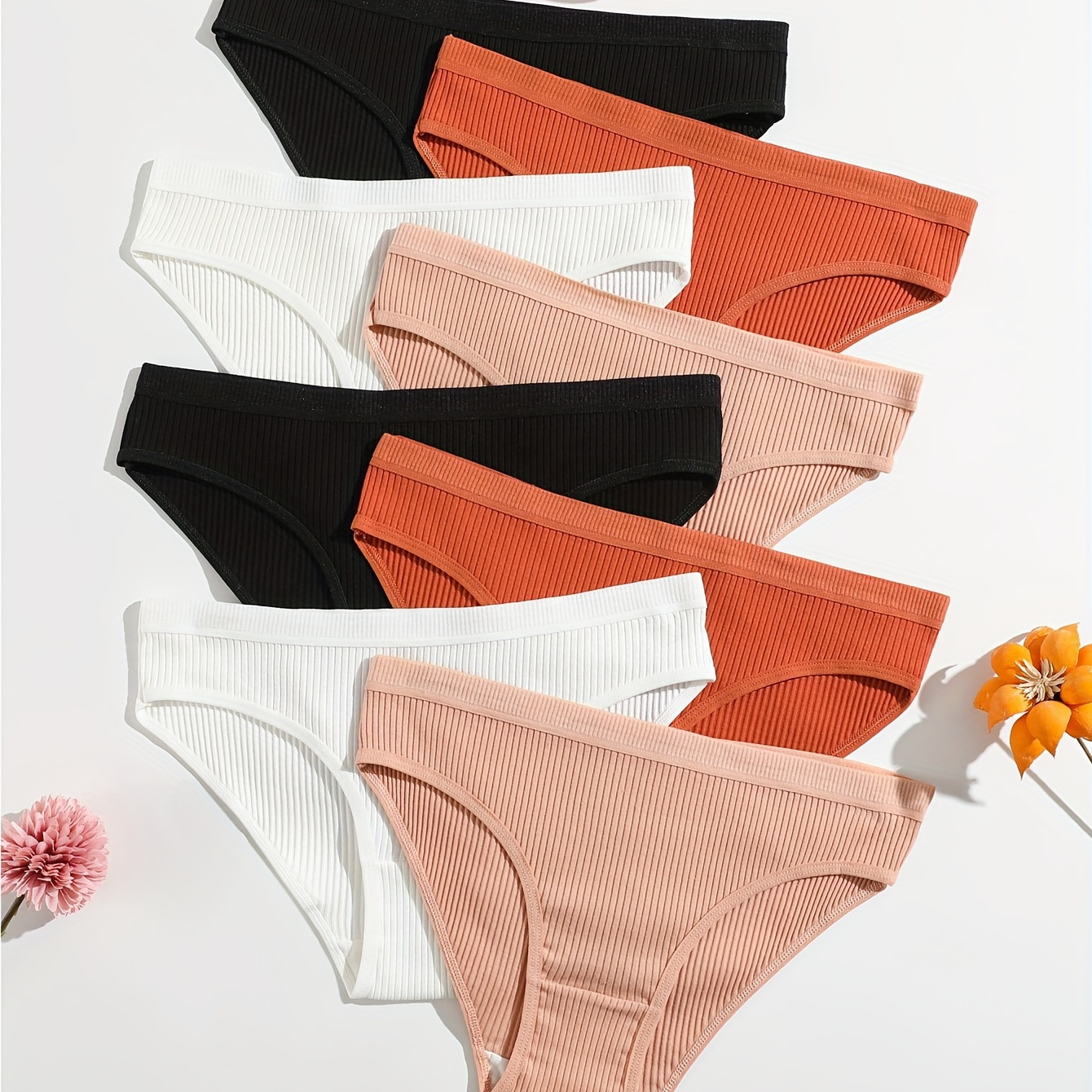 

8pcs Women's Cotton Briefs - Breathable, Stretchy, Solid Color Underwear With Ribbed Detail,