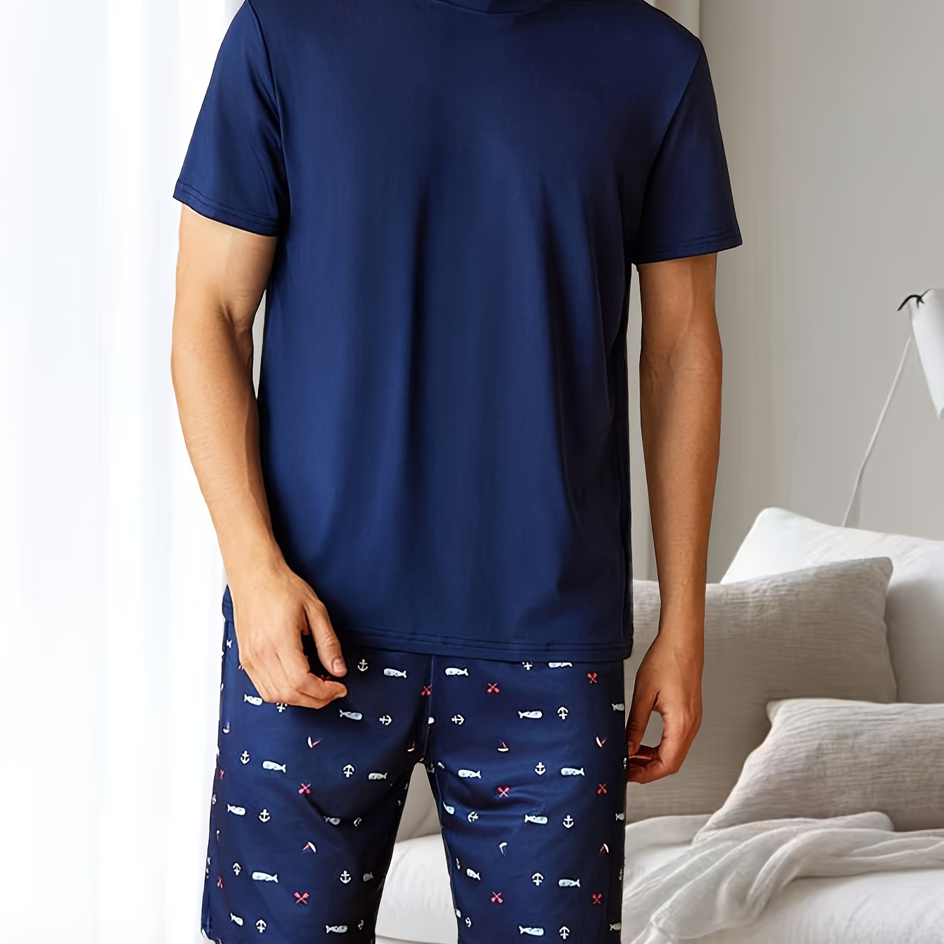 

Men's Cartoon Pattern Pajama Set - Polyester Knit Fabric, , Round Neck, Regular Fit, , Short Sleeve T-shirt & Shorts Combo