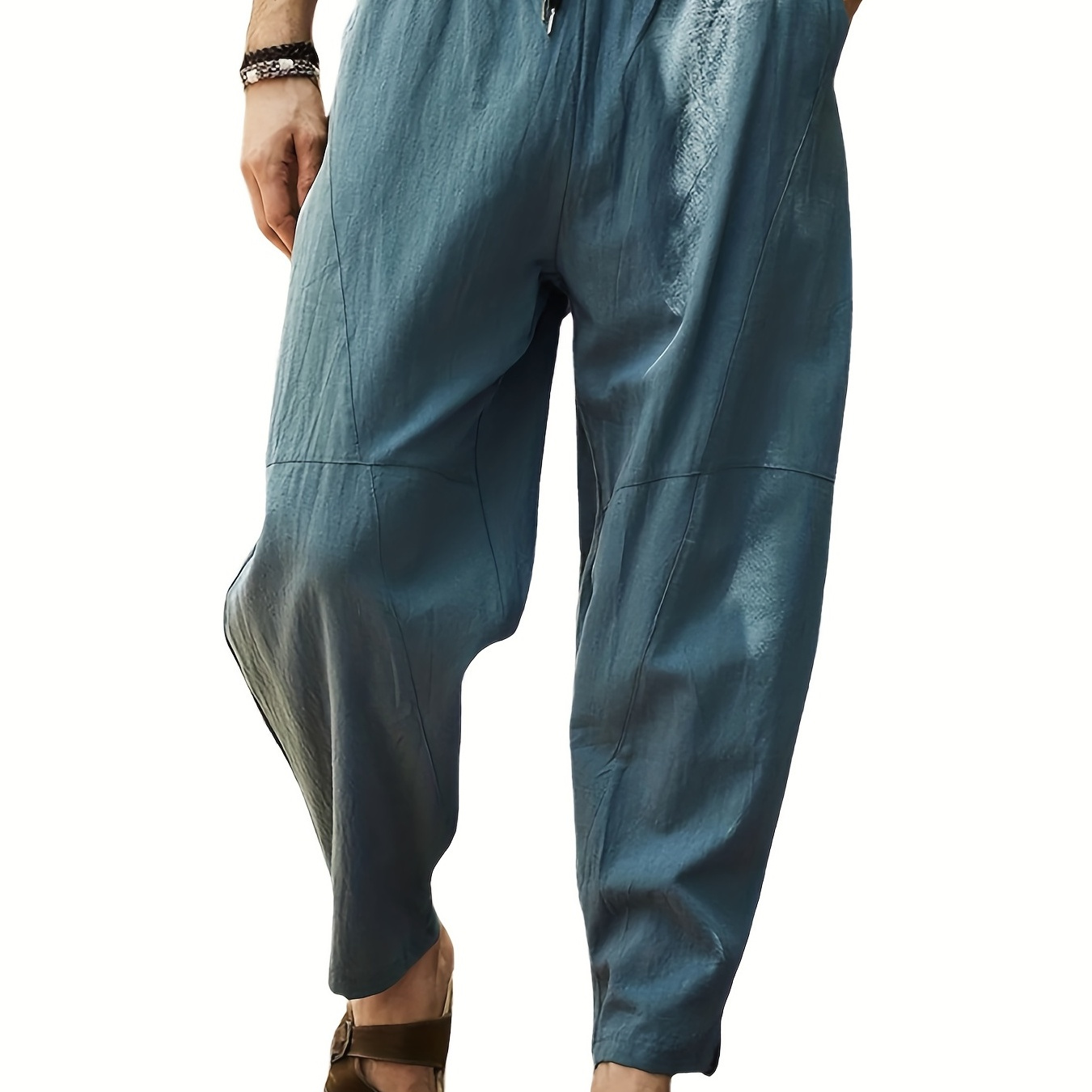 Men's Cotton Linen Blend Drawstring Harem Pants Casual Comfy - Temu Canada