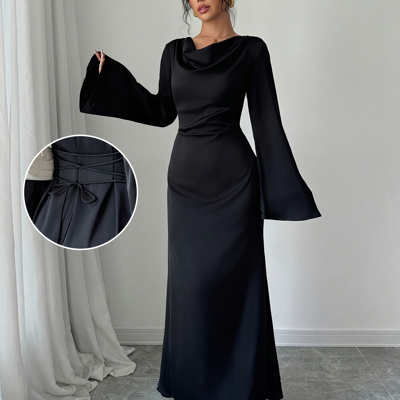 

1pc Elegant Satin Maxi Dress For Women, Ruffle Neckline, Tie-back Bell Sleeves, Solid Color, Polyester, All , Adult Fit, Woven Fabric