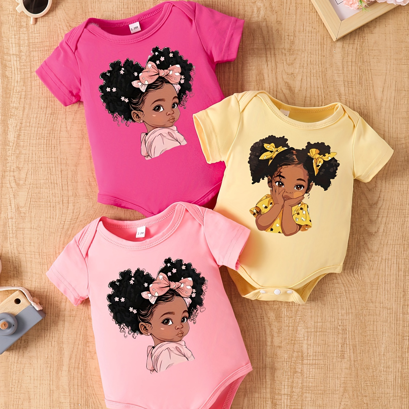 

3pcs Baby's Cartoon Girl Print Triangle Bodysuit, Casual Short Sleeve Romper, Toddler & Infant Girl's Onesie For Summer, As Gift