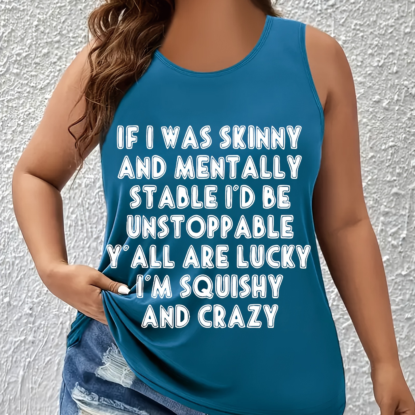 

Plus Size Letter Print Tank Top, Casual Sleeveless Crew Neck Top For Summer & Spring, Women's Plus Size Clothing