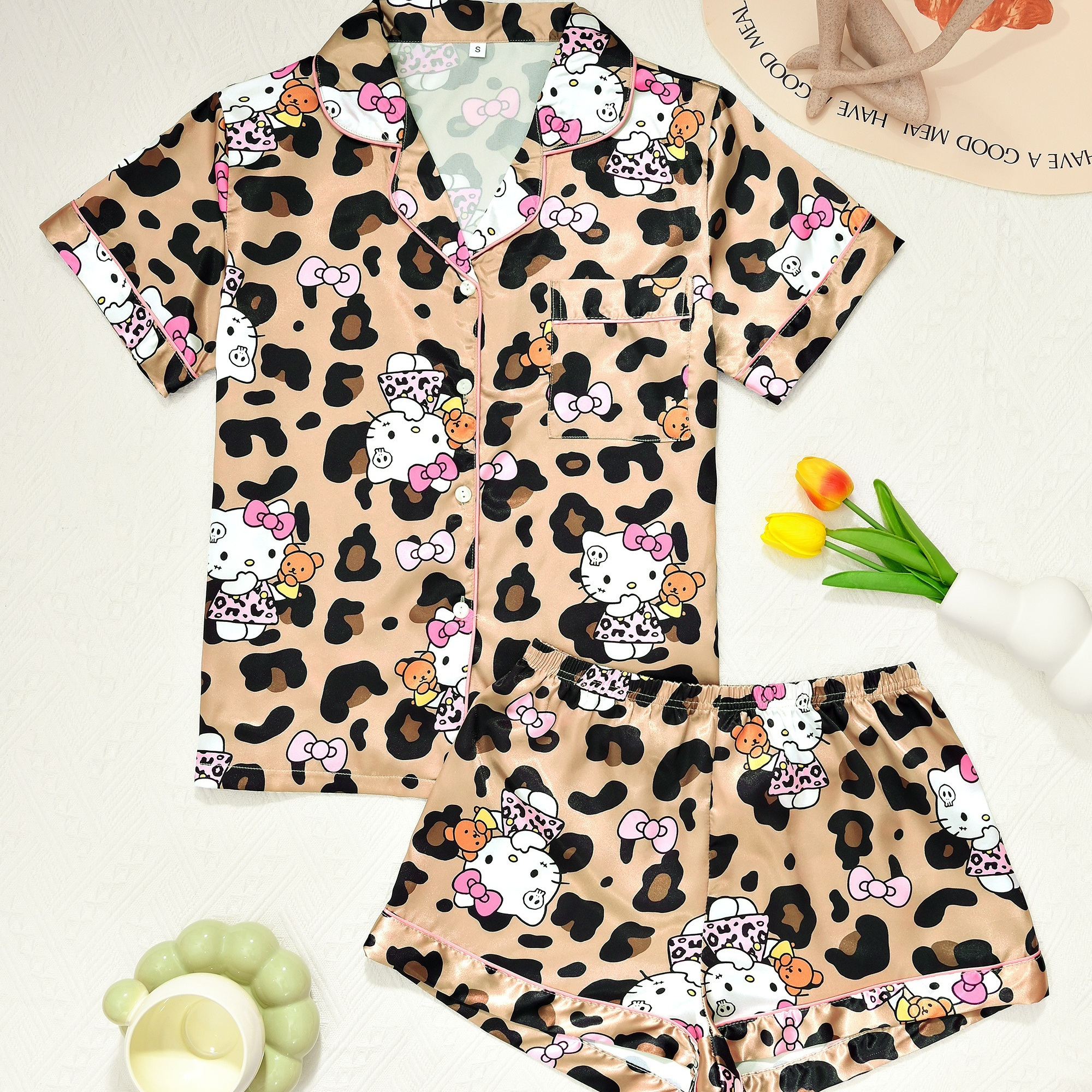 

Sanrio Hello Kitty Women's Pajama Set - Cute Leopard Print With , Short Sleeve & Shorts, , Machine Washable Sleepwear