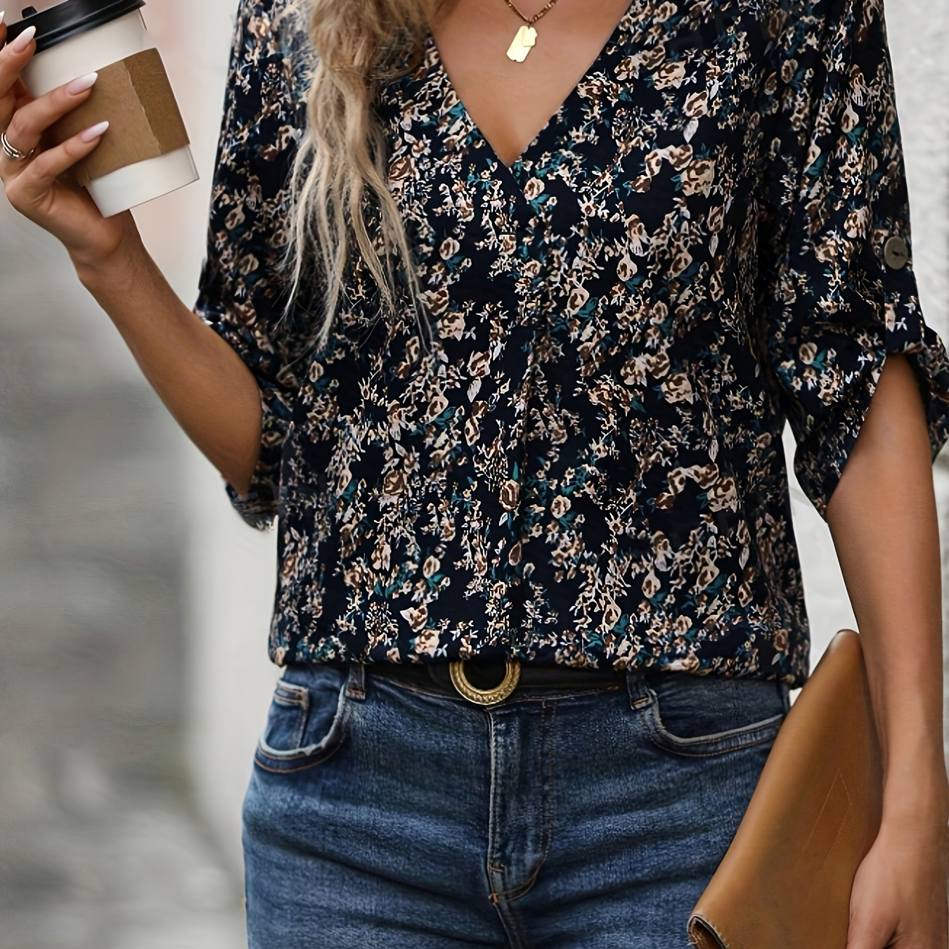 

Floral Print V Neck Blouse, Casual Half Sleeve Top For Spring & Summer, Women's Clothing