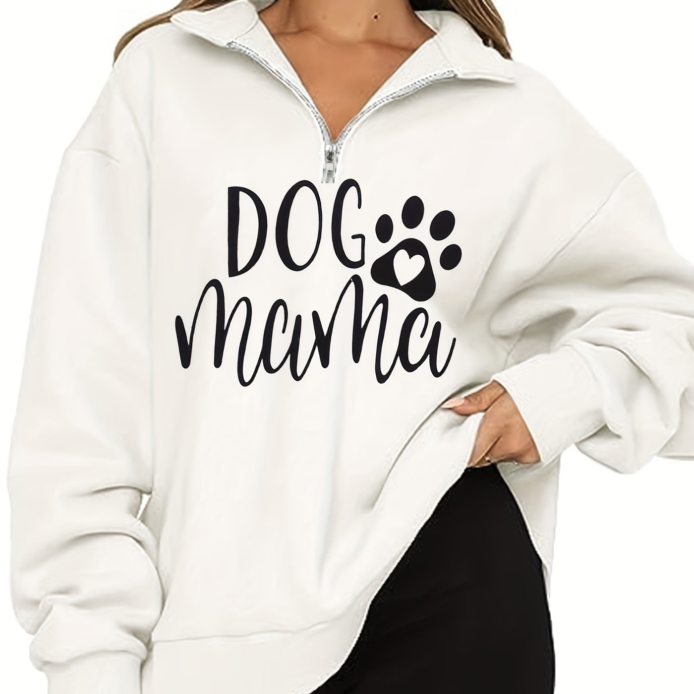

Dog Mama Print Zip Oversized Sweatshirt, Casual Turndown Collar Long Sleeve Sweatshirt, Women's Clothing