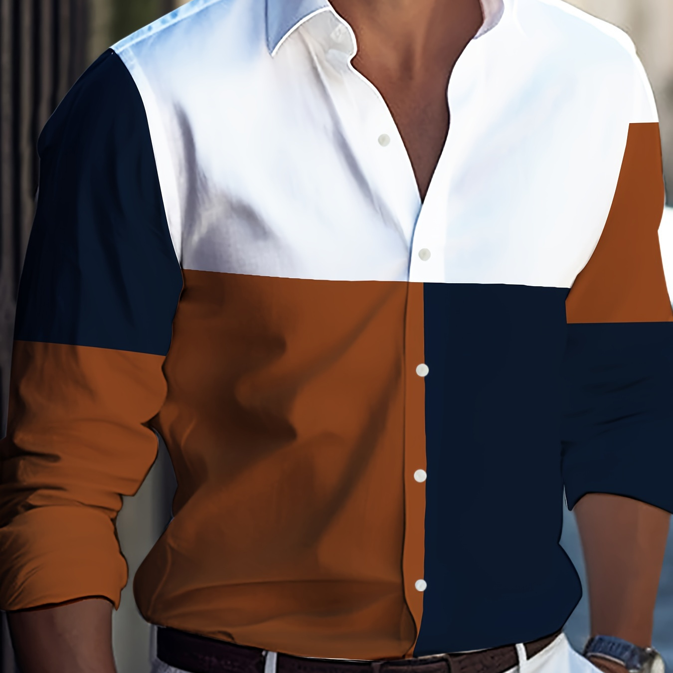 

Color-block Men's Plus-size Casual Shirt, Buttons Up Long Sleeve Chic Lapel Shirt Tops, Spring/autumn Clothing