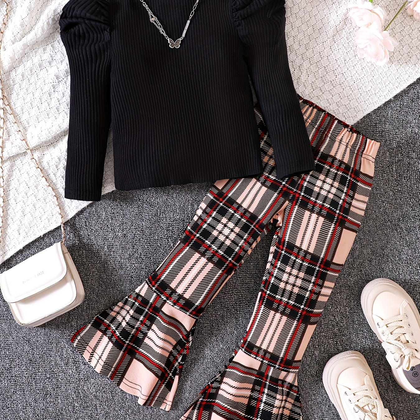 

Girl's 2pcs, Ribbed Long Sleeve Top & Plaid Patten Flared Pants Set, Trendy Casual Outfits, Kids Clothes For Spring Fall
