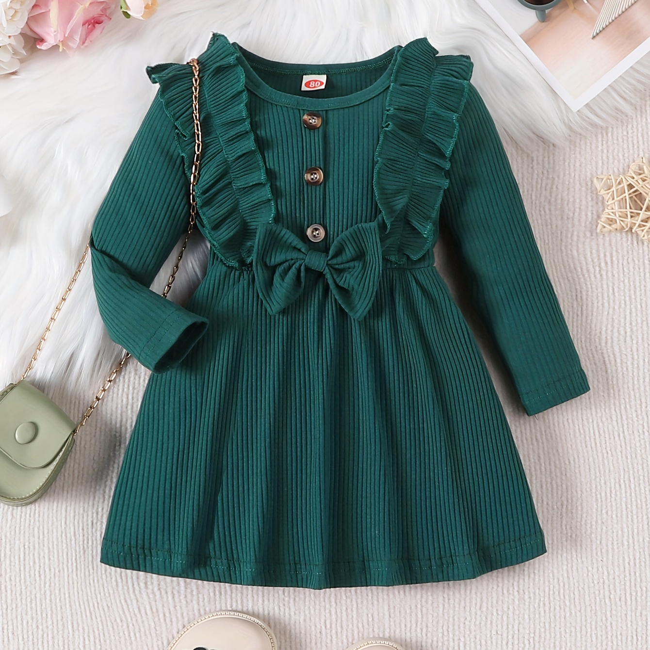 Baby Floral Patchwork Bowknot Decor Ruffled Sleeve Dress - Temu