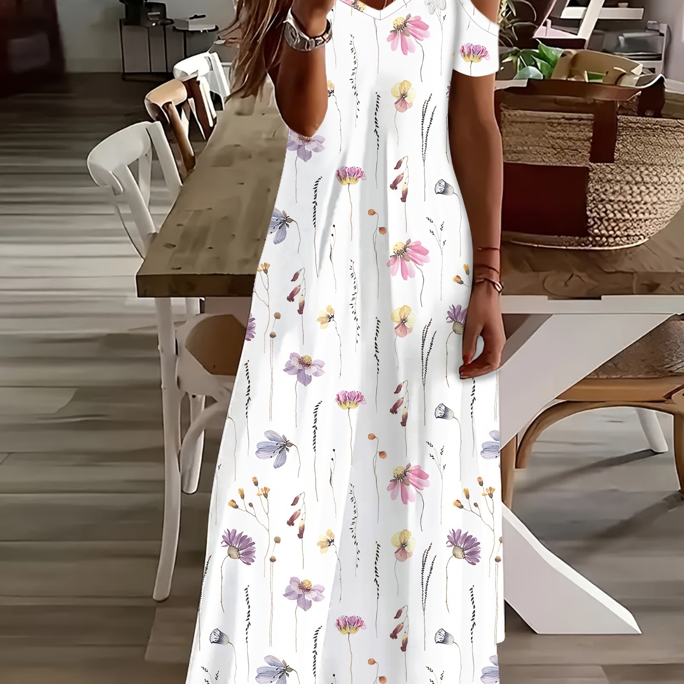 

Floral Print Lace Splicing Dress, Casual Cold Shoulder Ankle Length A-line Dress For Spring & Summer, Women's Clothing