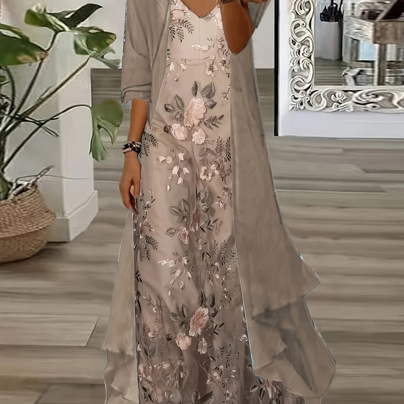 

Ensemble Maxi Élégant pour Femme à Imprimé Floral avec Cardigan à Manches 3/4 - Lavable en Machine, Polyester, Style Directionnel, Ensemble Pièces