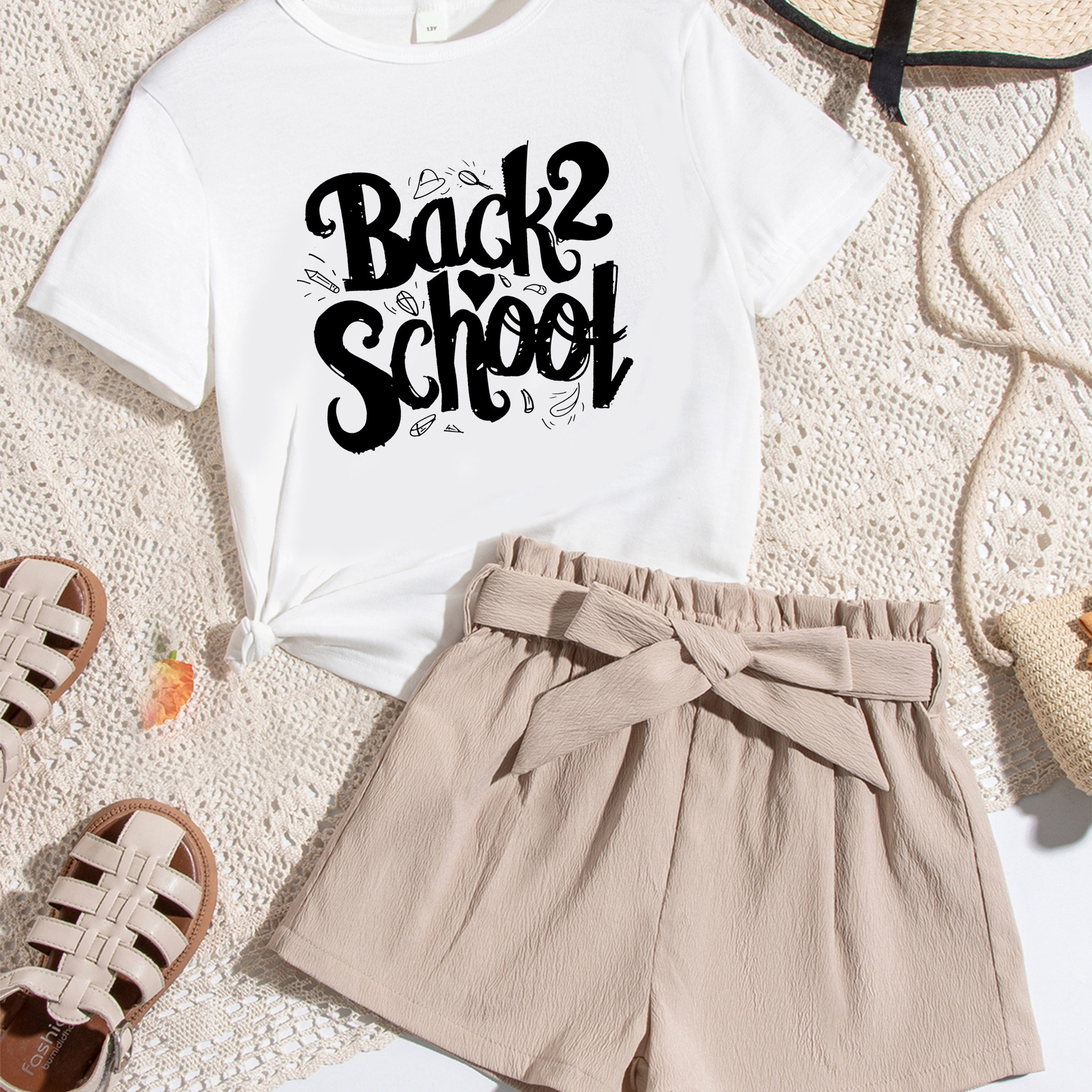 

Girls Trendy 2pcs, Back 2 School Print Crew Neck Short Sleeve T-shirt + Bow Waist Shorts Set, Casual And Comfy Summer Clothes
